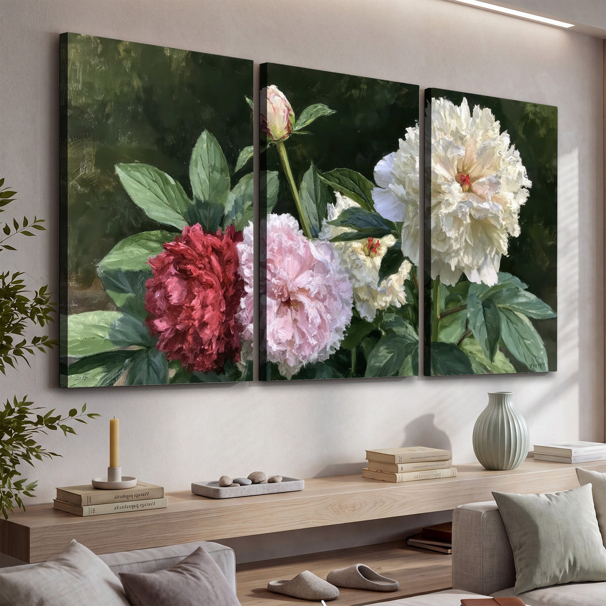 Cream, blush and red peonies surrounded by fresh green leaves 3 piece canvas wall art displayed in a console