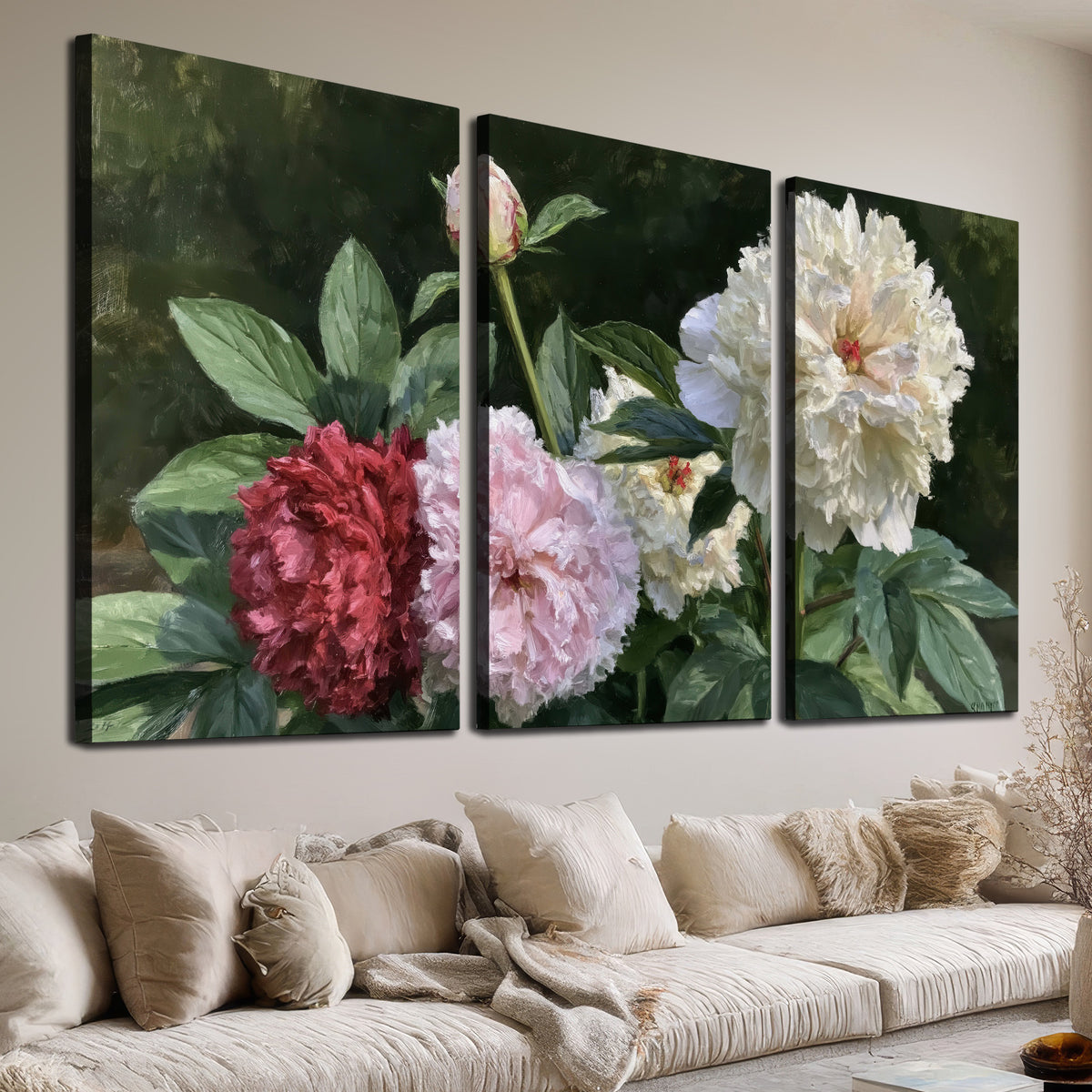 Cream, blush and red peonies surrounded by fresh green leaves 3 piece canvas wall art room and product view
