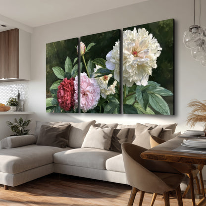 Cream, blush and red peonies surrounded by fresh green leaves 3 piece canvas wall art room and product view