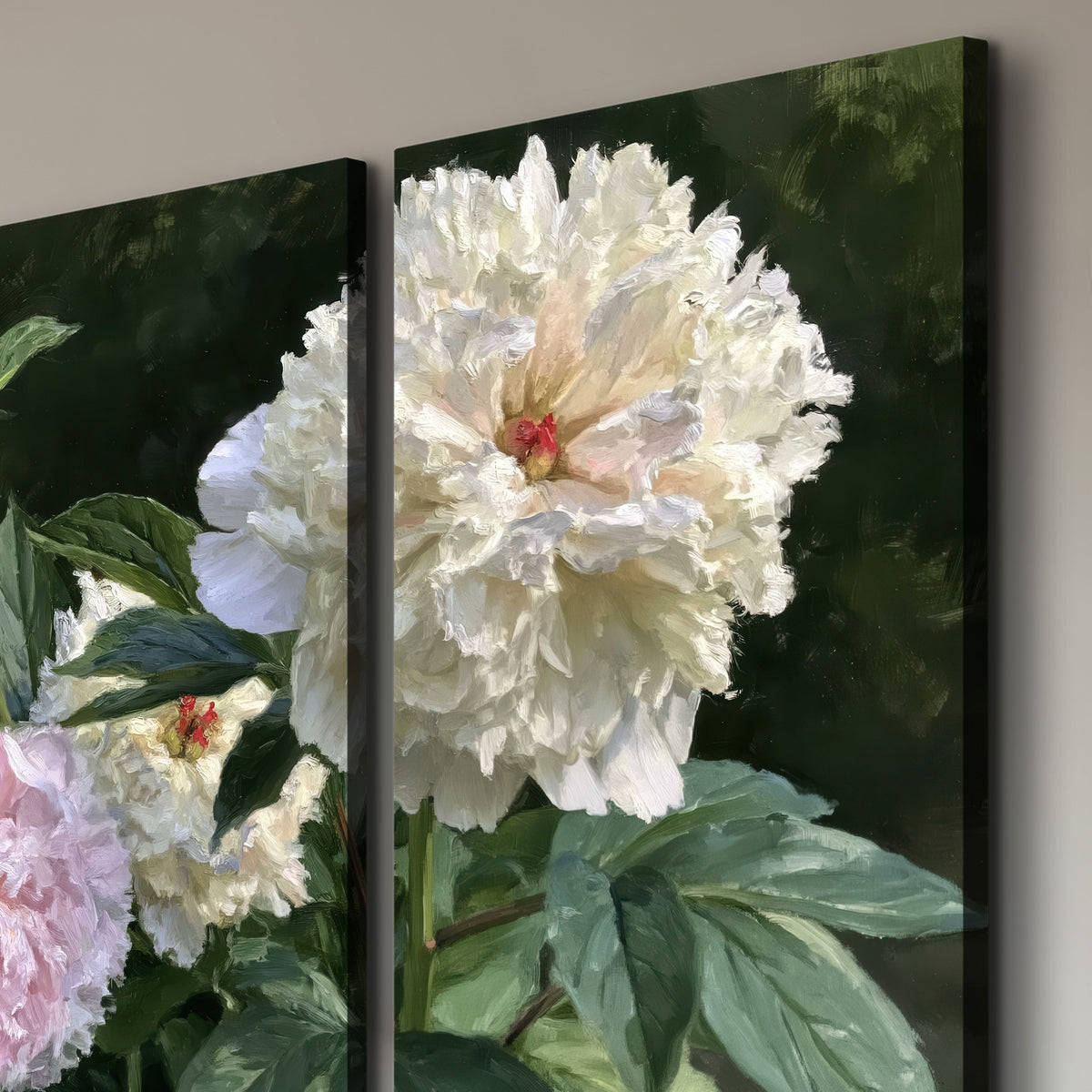 Cream, blush and red peonies surrounded by fresh green leaves 3 piece canvas wall art room and product view