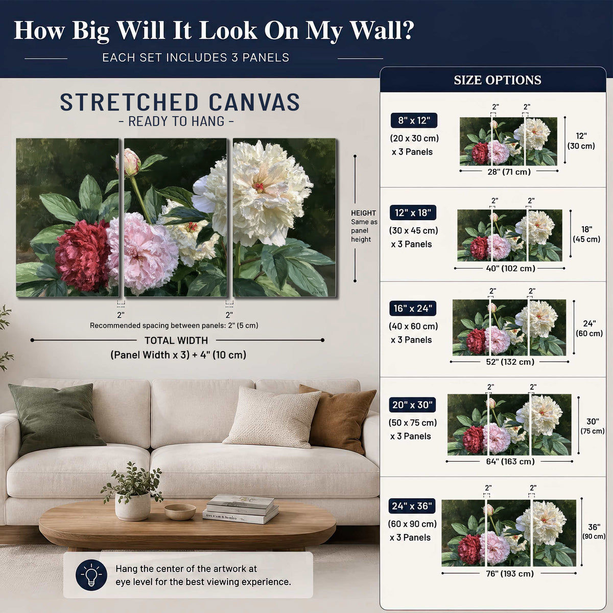 Cream, blush and red peonies surrounded by fresh green leaves 3 piece canvas wall art size guide above a sofa; room view is illustrative