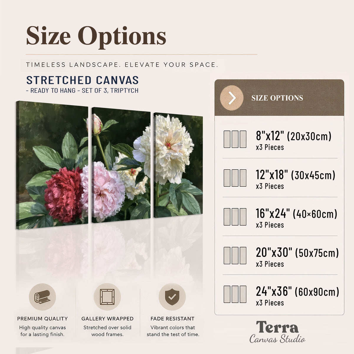 Cream, blush and red peonies surrounded by fresh green leaves 3 piece canvas wall art available dimensions; triptych dimensions are per panel