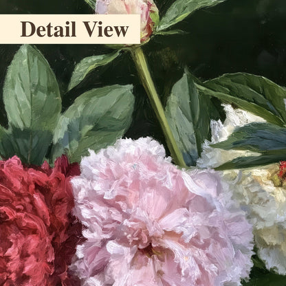 Cream, blush and red peonies surrounded by fresh green leaves 3 piece canvas wall art artwork detail close up