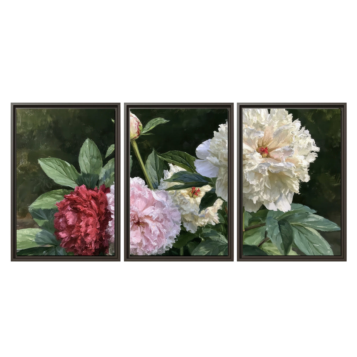 Cream, blush and red peonies surrounded by fresh green leaves 3 piece framed canvas wall art viewed straight on
