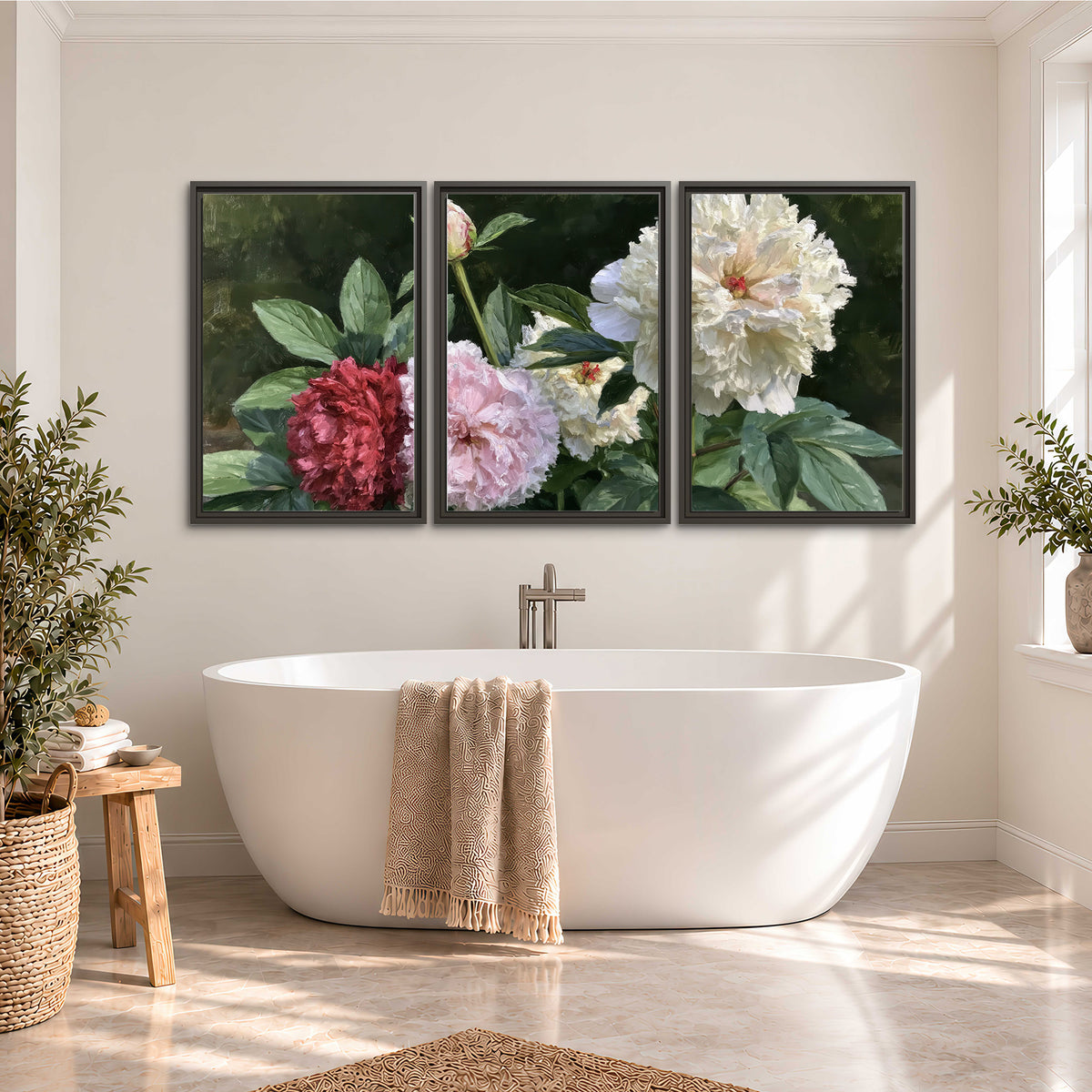 Cream, blush and red peonies surrounded by fresh green leaves 3 piece framed canvas wall art styled in an interior