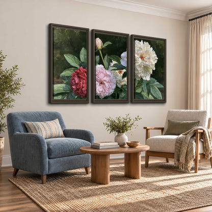 Cream, blush and red peonies surrounded by fresh green leaves 3 piece framed canvas wall art styled in an interior