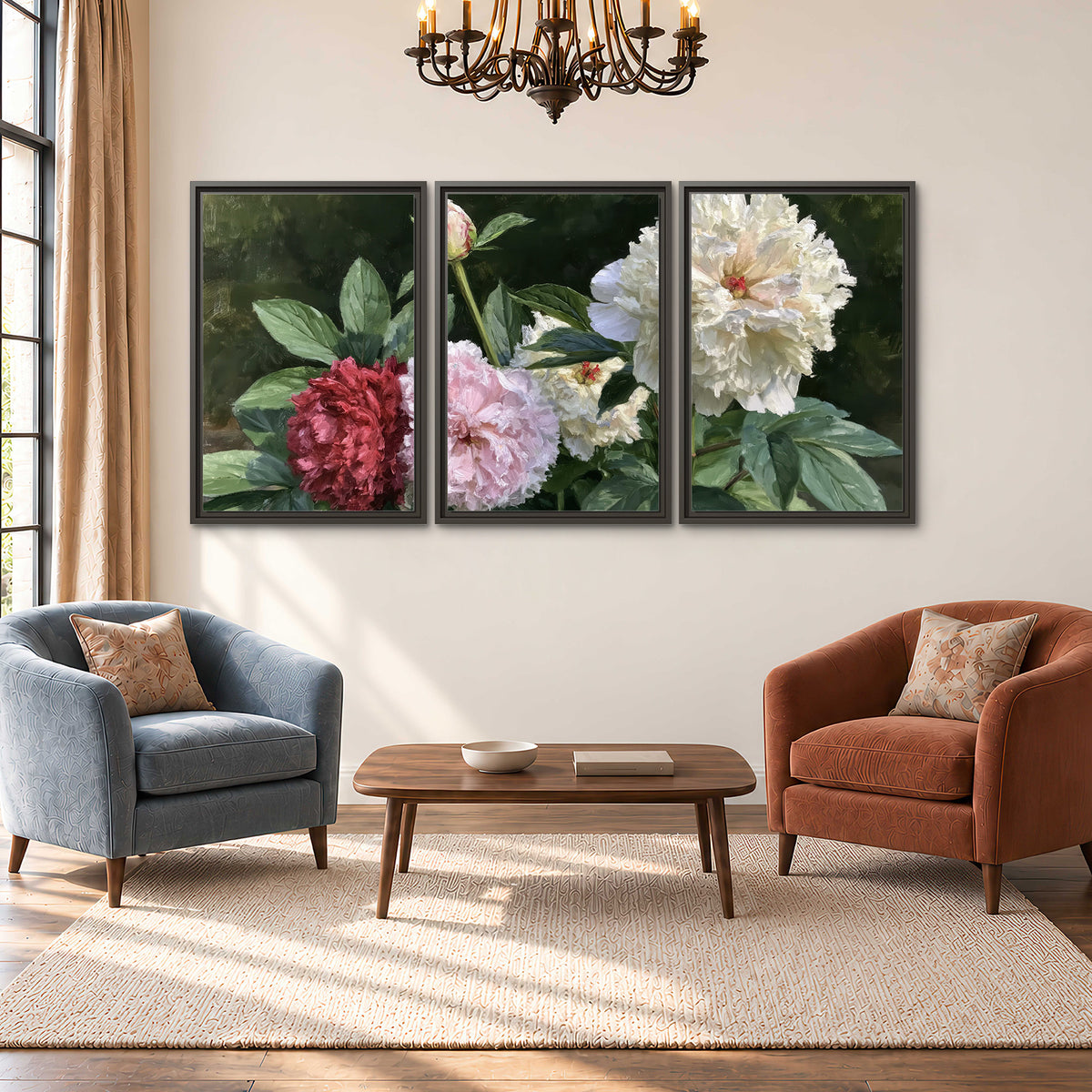 Cream, blush and red peonies surrounded by fresh green leaves 3 piece framed canvas wall art styled in an interior