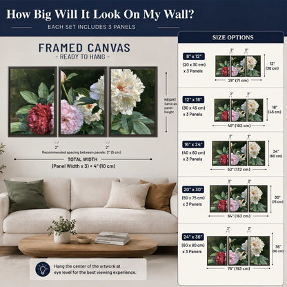 Cream, blush and red peonies surrounded by fresh green leaves 3 piece framed canvas wall art size guide above a sofa; room view is illustrative