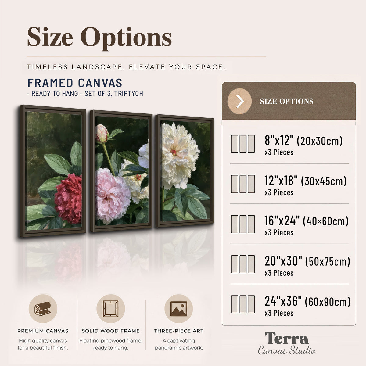 Cream, blush and red peonies surrounded by fresh green leaves 3 piece framed canvas wall art available dimensions; triptych dimensions are per panel
