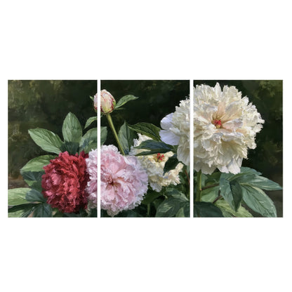 Cream, blush and red peonies surrounded by fresh green leaves set of 3 poster prints viewed straight on