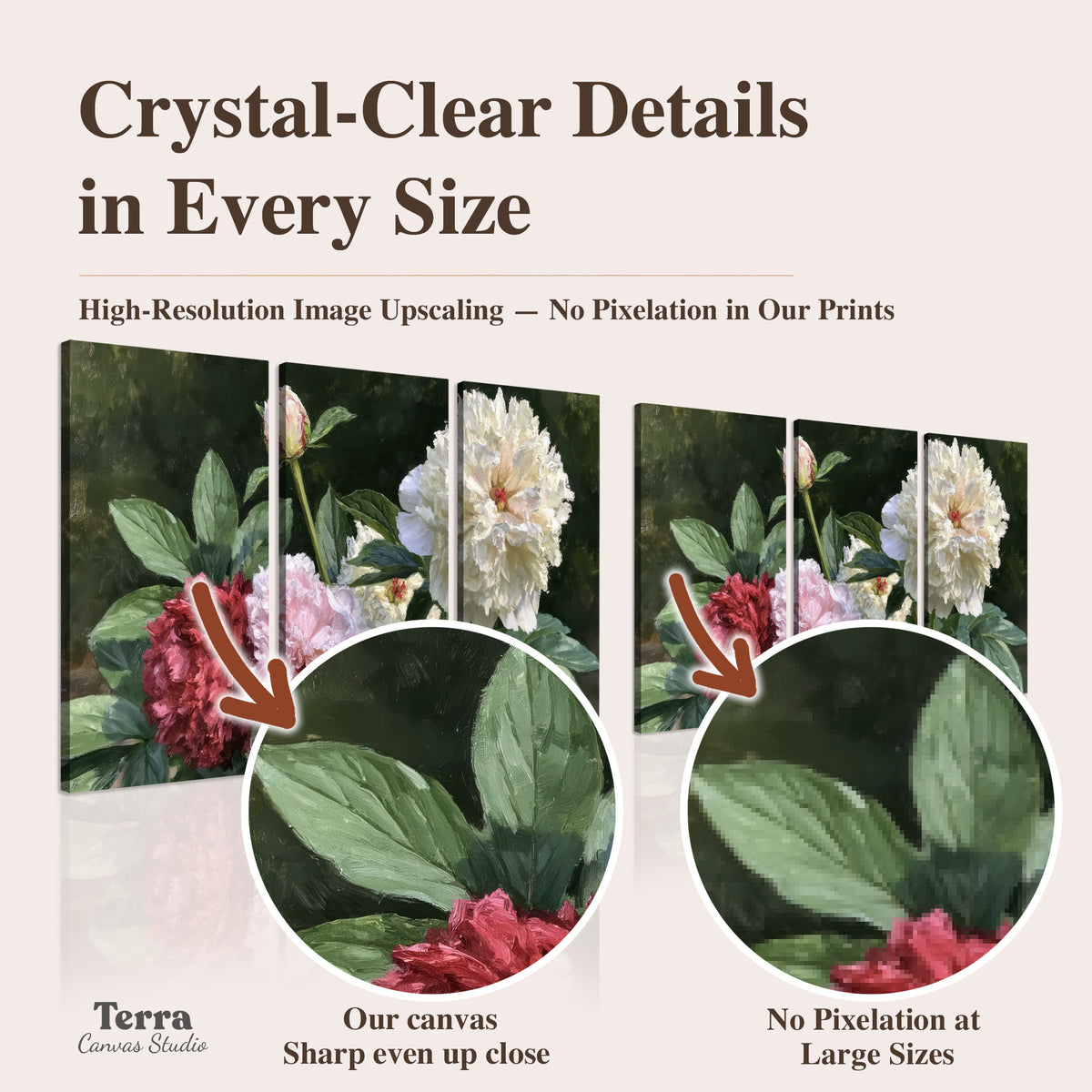 Cream, blush and red peonies surrounded by fresh green leaves artwork quality information