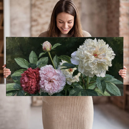 Cream, blush and red peonies surrounded by fresh green leaves single canvas wall art held in hands