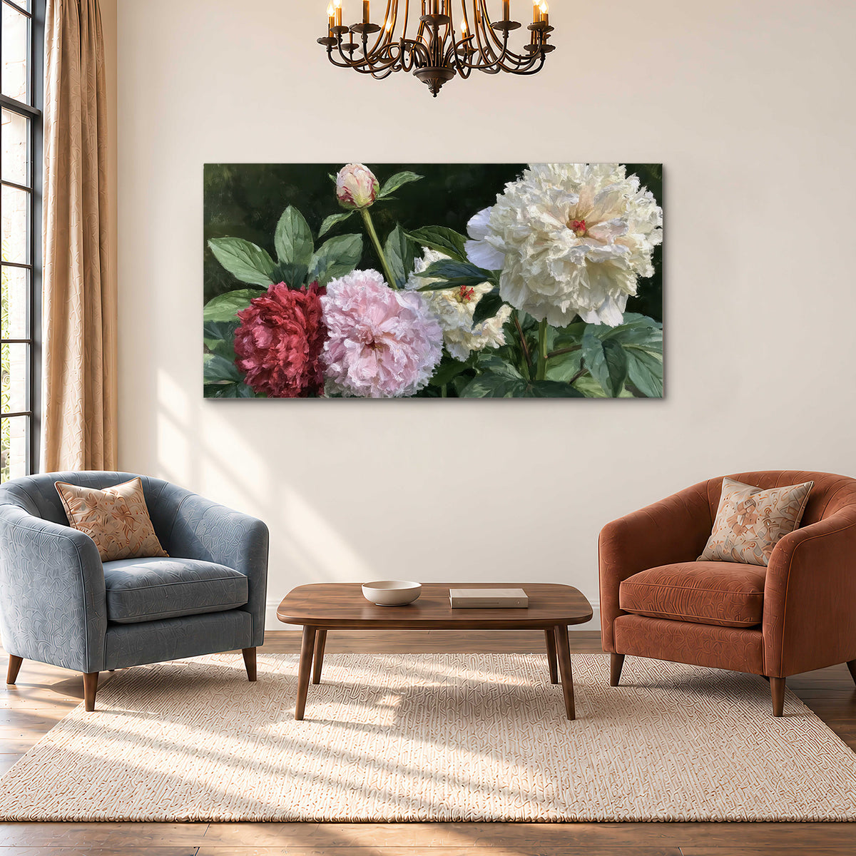 Cream, blush and red peonies surrounded by fresh green leaves single canvas wall art styled in an interior