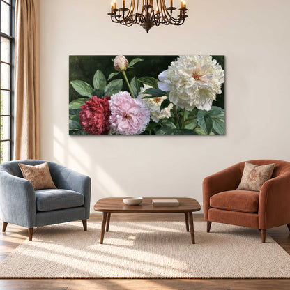 Cream, blush and red peonies surrounded by fresh green leaves single canvas wall art styled in an interior