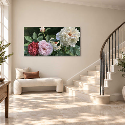 Cream, blush and red peonies surrounded by fresh green leaves single canvas wall art styled in an interior