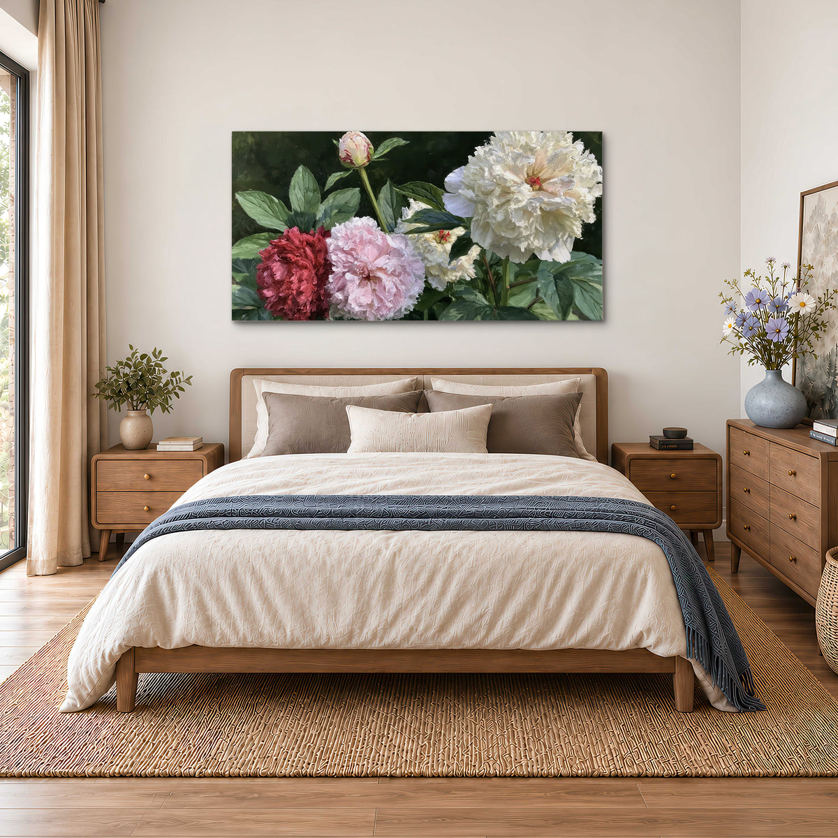 Cream, blush and red peonies surrounded by fresh green leaves single canvas wall art styled in an interior