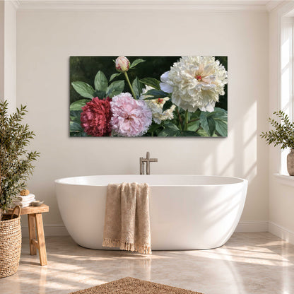 Cream, blush and red peonies surrounded by fresh green leaves single canvas wall art styled in an interior