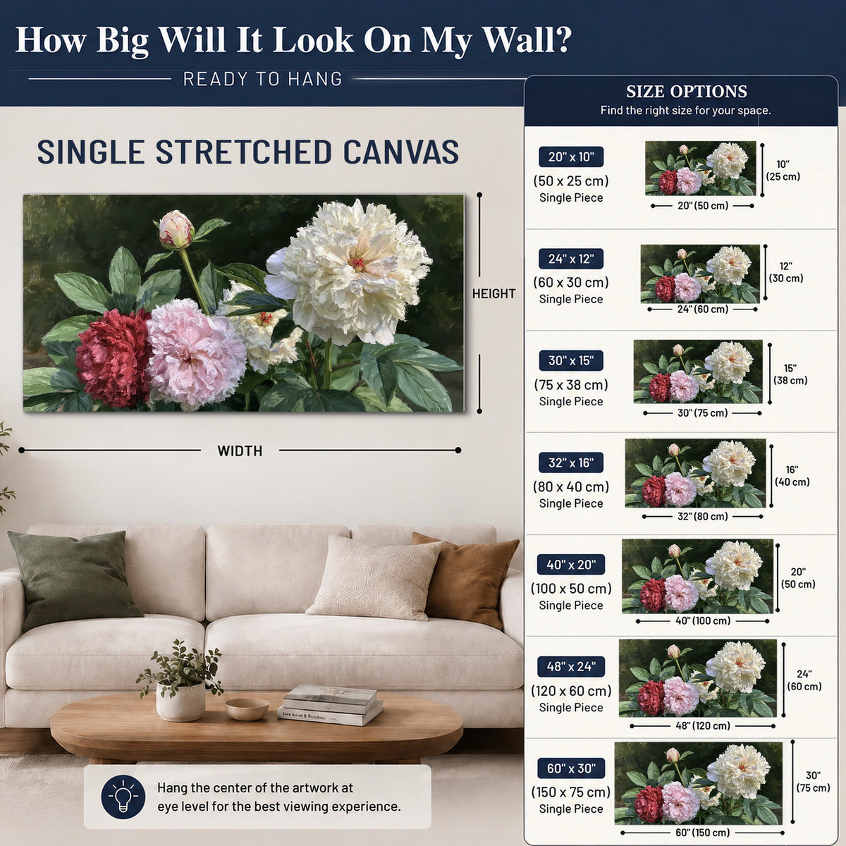 Cream, blush and red peonies surrounded by fresh green leaves single canvas wall art size guide above a sofa; room view is illustrative