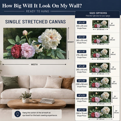 Cream, blush and red peonies surrounded by fresh green leaves single canvas wall art size guide above a sofa; room view is illustrative