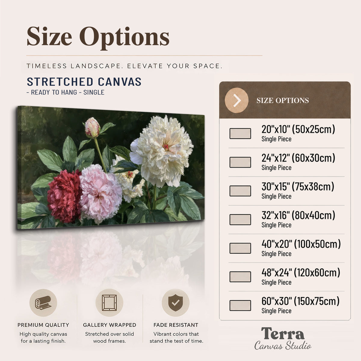 Cream, blush and red peonies surrounded by fresh green leaves single canvas wall art available dimensions