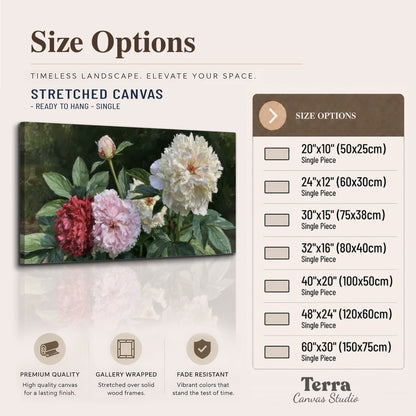 Cream, blush and red peonies surrounded by fresh green leaves single canvas wall art available dimensions