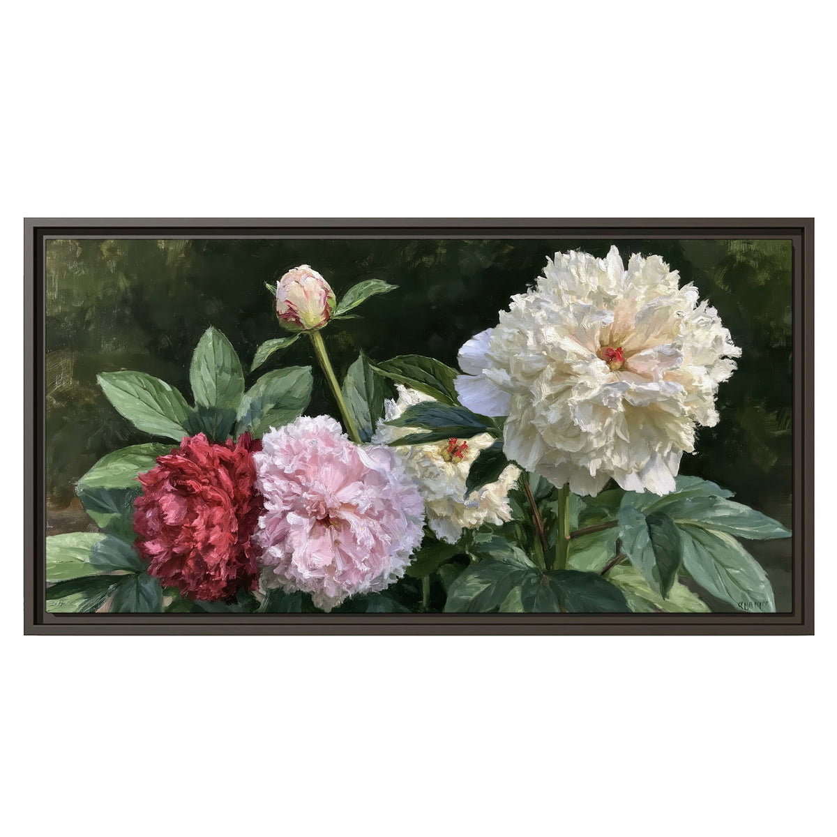 Cream, blush and red peonies surrounded by fresh green leaves single framed canvas wall art viewed straight on