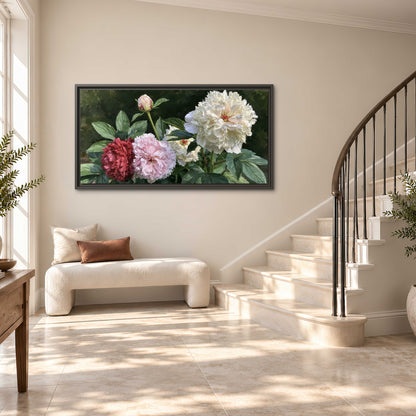 Cream, blush and red peonies surrounded by fresh green leaves single framed canvas wall art styled in an interior