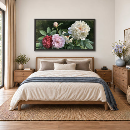 Cream, blush and red peonies surrounded by fresh green leaves single framed canvas wall art styled in an interior