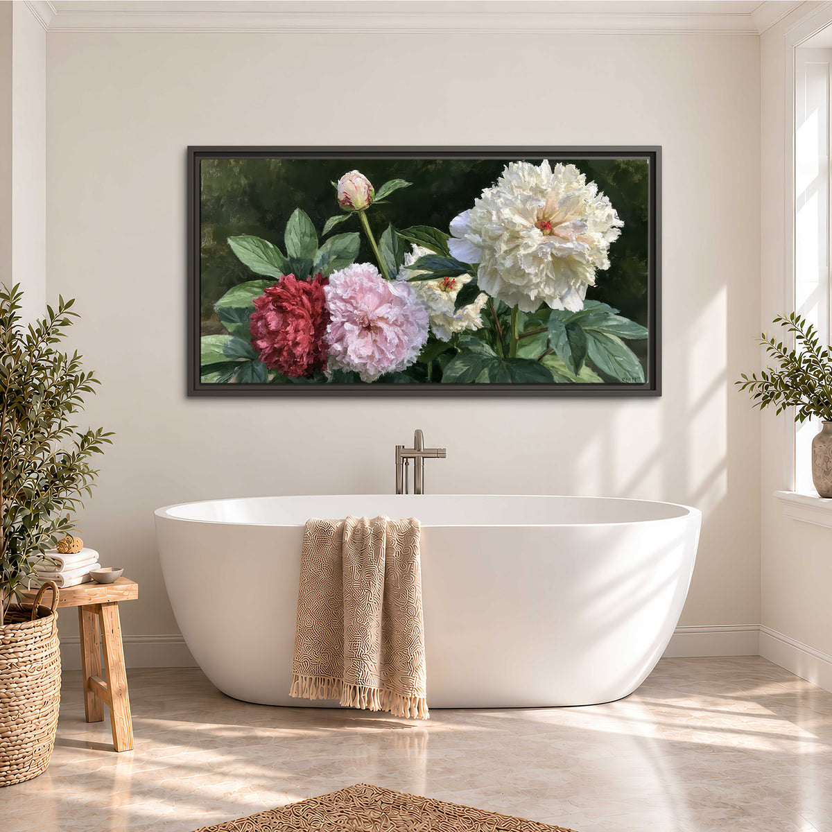 Cream, blush and red peonies surrounded by fresh green leaves single framed canvas wall art styled in an interior