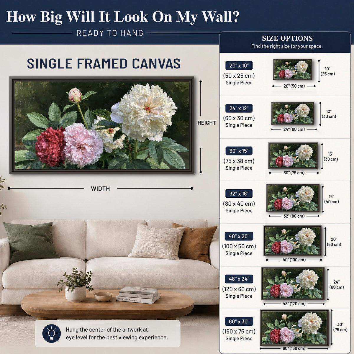 Cream, blush and red peonies surrounded by fresh green leaves single framed canvas wall art size guide above a sofa; room view is illustrative