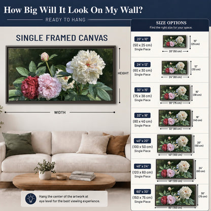 Cream, blush and red peonies surrounded by fresh green leaves single framed canvas wall art size guide above a sofa; room view is illustrative
