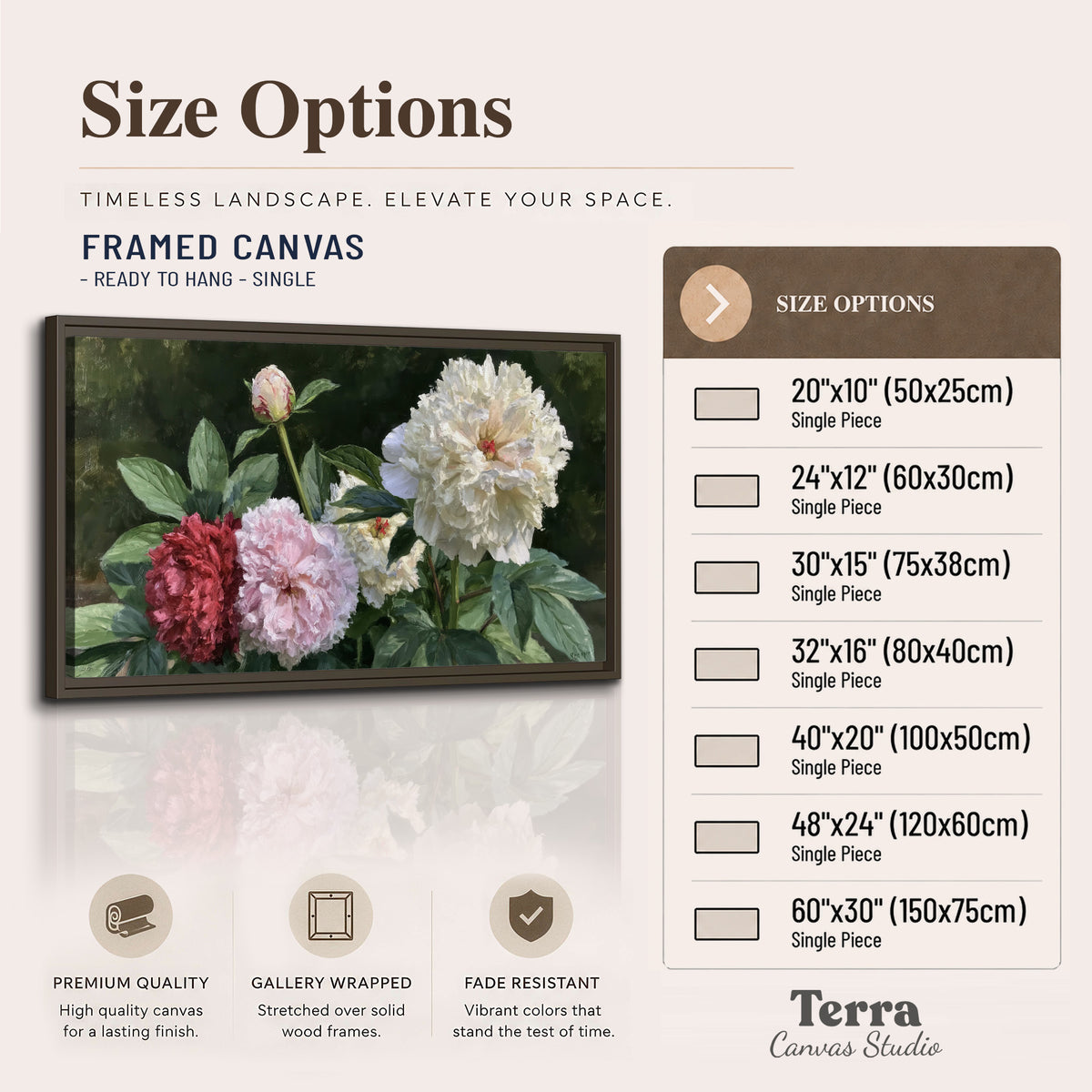 Cream, blush and red peonies surrounded by fresh green leaves single framed canvas wall art available dimensions