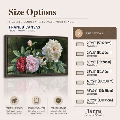 Cream, blush and red peonies surrounded by fresh green leaves single framed canvas wall art available dimensions
