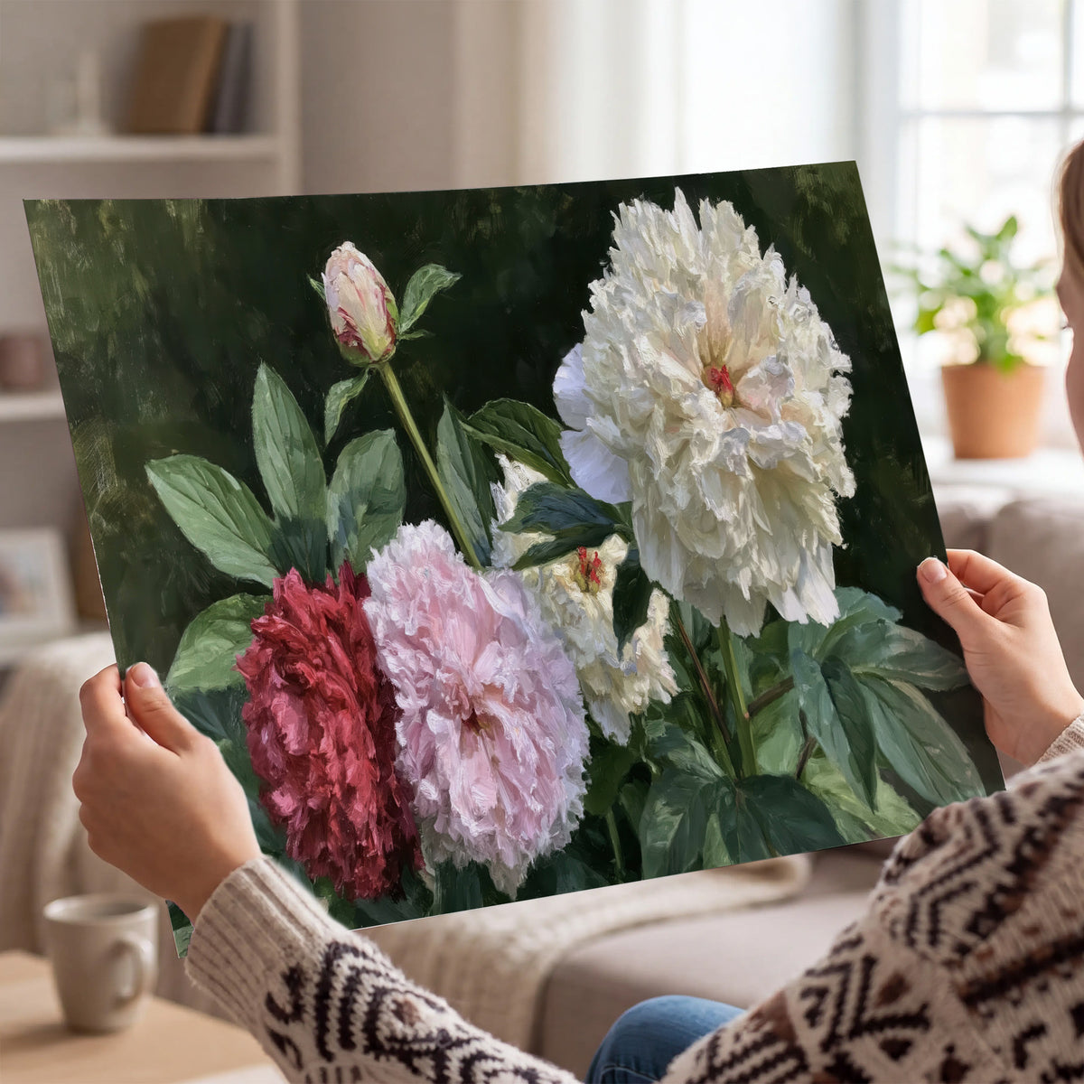 Cream, blush and red peonies surrounded by fresh green leaves single poster print held in hands