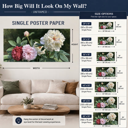 Cream, blush and red peonies surrounded by fresh green leaves single poster print size guide above a sofa; room view is illustrative