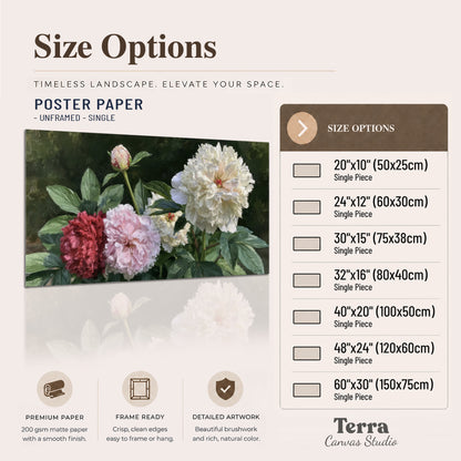 Cream, blush and red peonies surrounded by fresh green leaves single poster print available dimensions