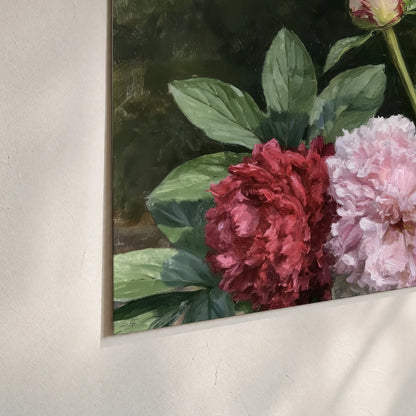 Cream, blush and red peonies surrounded by fresh green leaves set of 3 poster prints material and edge close up