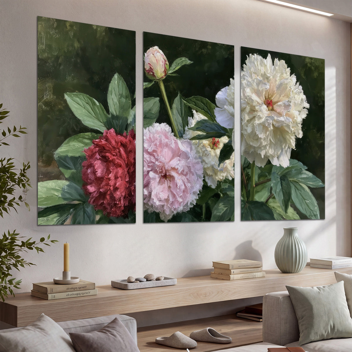 Cream, blush and red peonies surrounded by fresh green leaves set of 3 poster prints displayed in a console