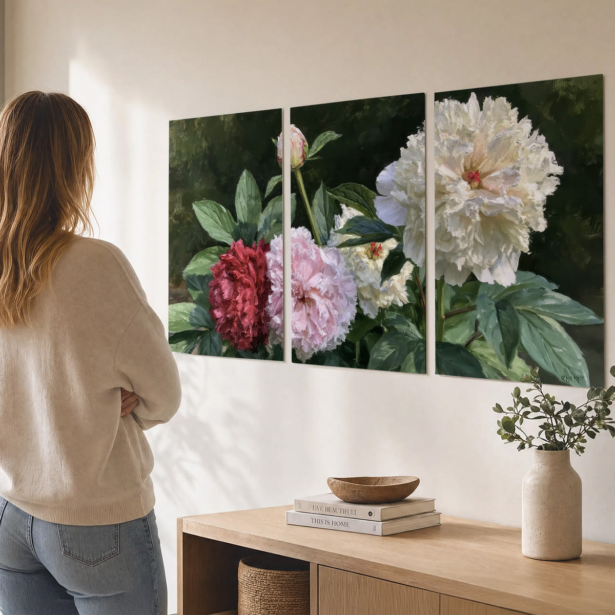 Cream, blush and red peonies surrounded by fresh green leaves set of 3 poster prints three panel arrangement on a wall