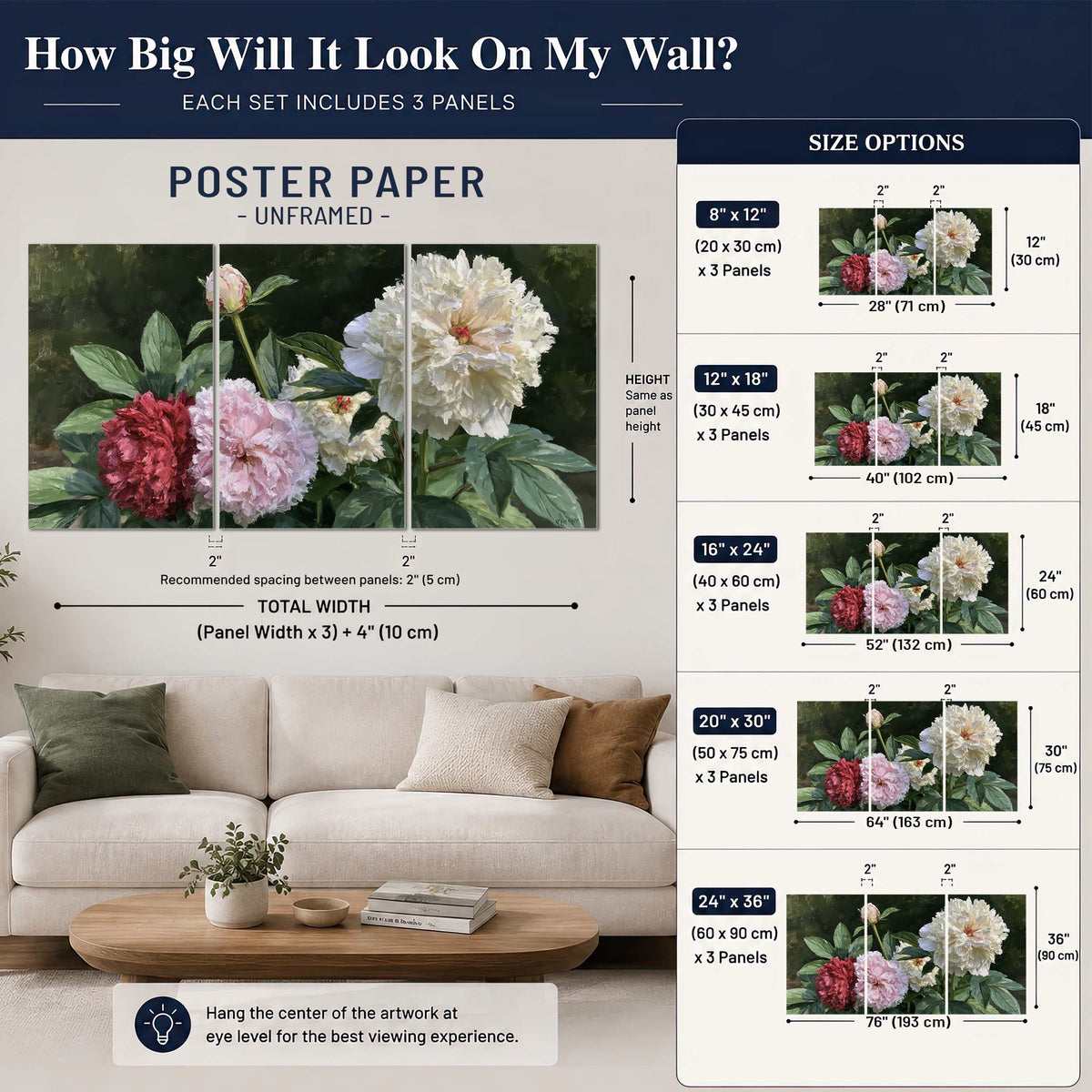 Cream, blush and red peonies surrounded by fresh green leaves set of 3 poster prints size guide above a sofa; room view is illustrative