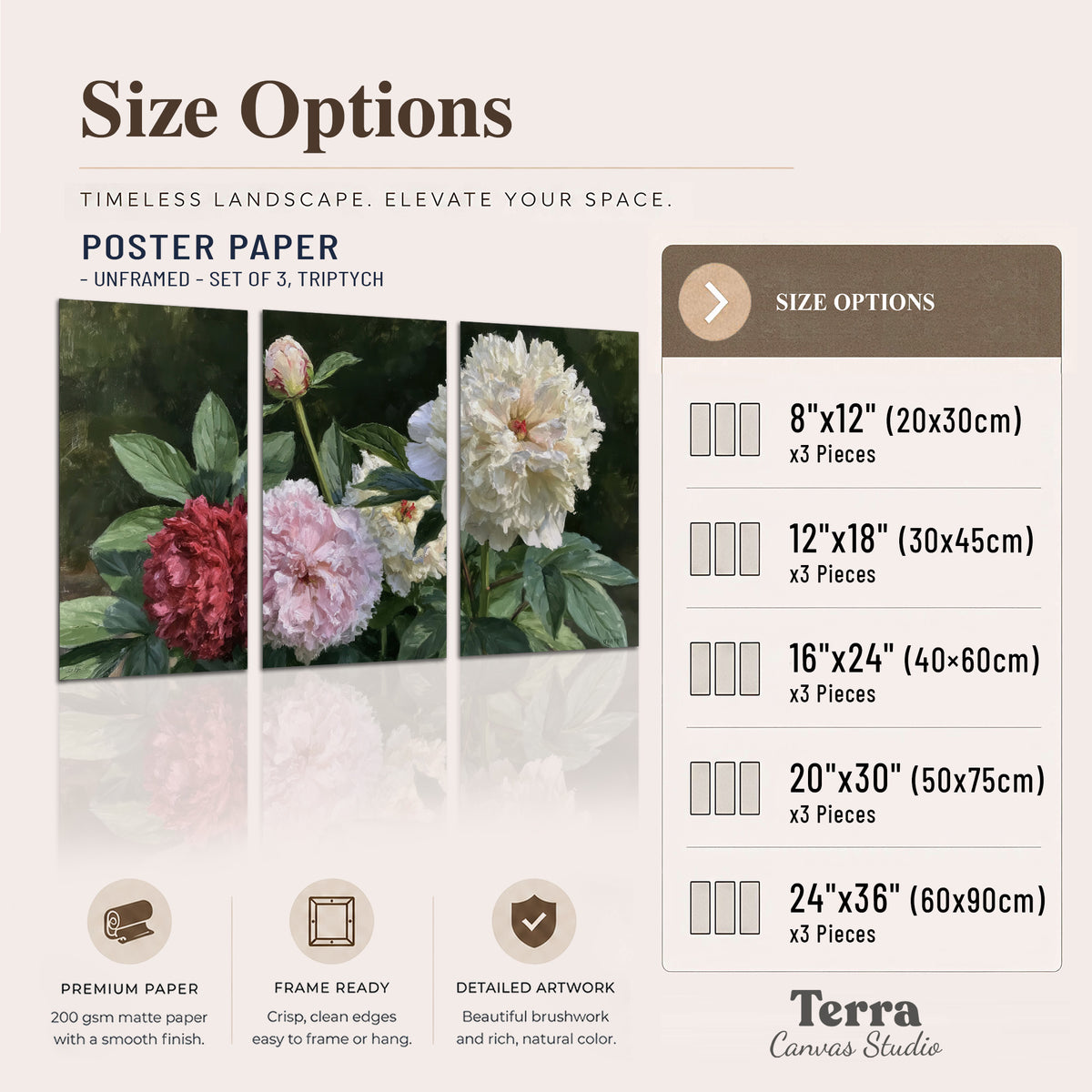 Cream, blush and red peonies surrounded by fresh green leaves set of 3 poster prints available dimensions; triptych dimensions are per panel