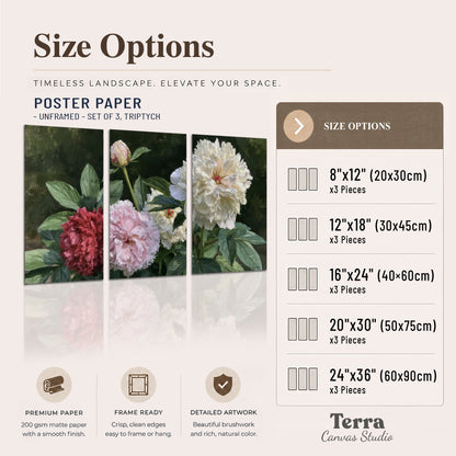 Cream, blush and red peonies surrounded by fresh green leaves set of 3 poster prints available dimensions; triptych dimensions are per panel