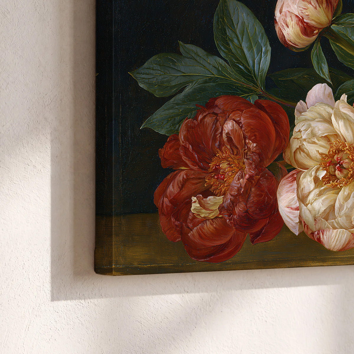 A large pale peony beside small ruby-red and peach flowers on a deep green ground 3 piece canvas wall art material and edge close up