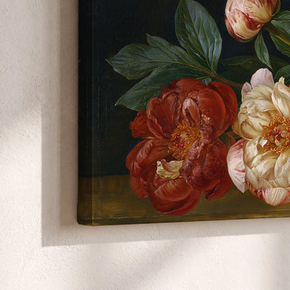 A large pale peony beside small ruby-red and peach flowers on a deep green ground 3 piece canvas wall art material and edge close up