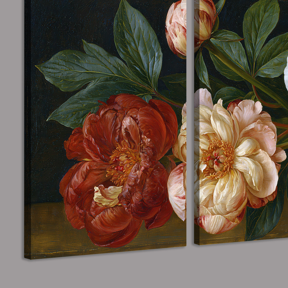 A large pale peony beside small ruby-red and peach flowers on a deep green ground 3 piece canvas wall art room and product view