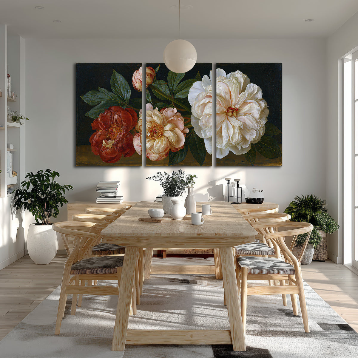 A large pale peony beside small ruby-red and peach flowers on a deep green ground 3 piece canvas wall art room and product view