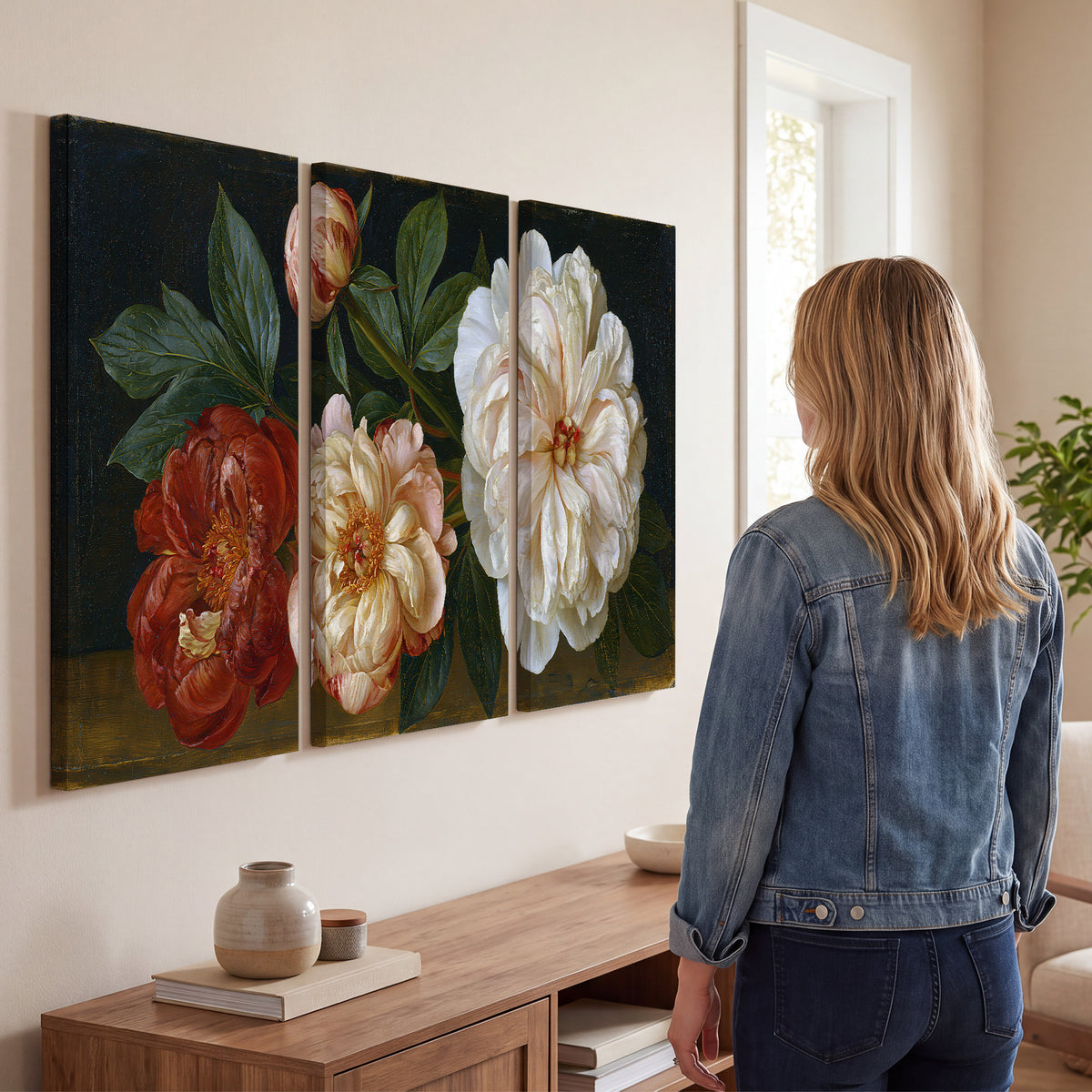 A large pale peony beside small ruby-red and peach flowers on a deep green ground 3 piece canvas wall art three panel arrangement on a wall