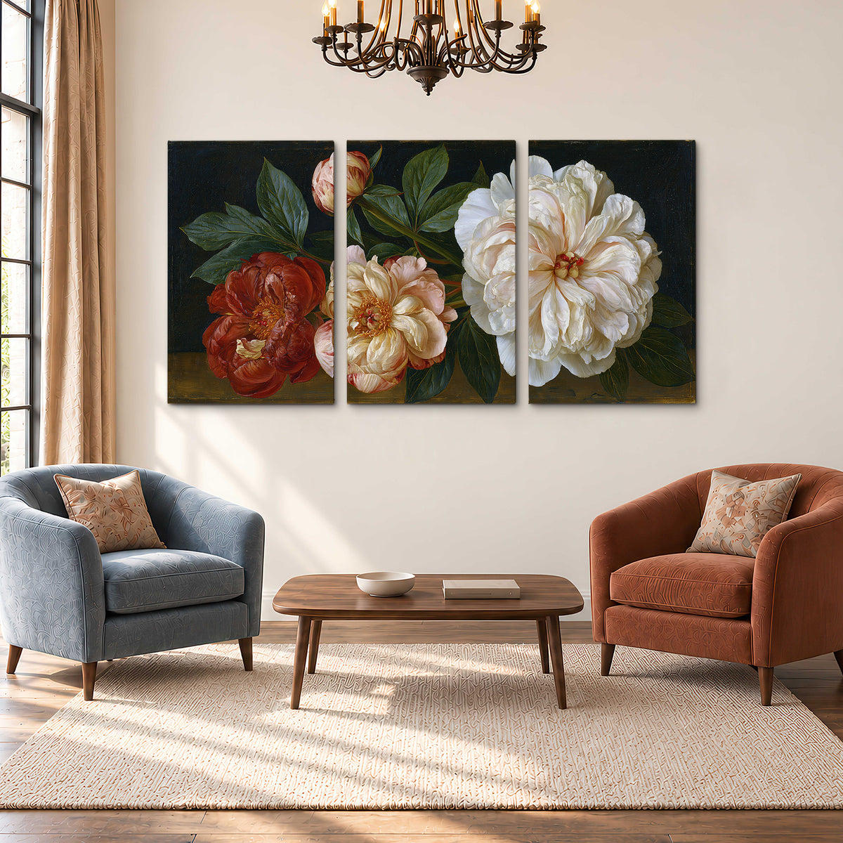 A large pale peony beside small ruby-red and peach flowers on a deep green ground 3 piece canvas wall art styled in an interior