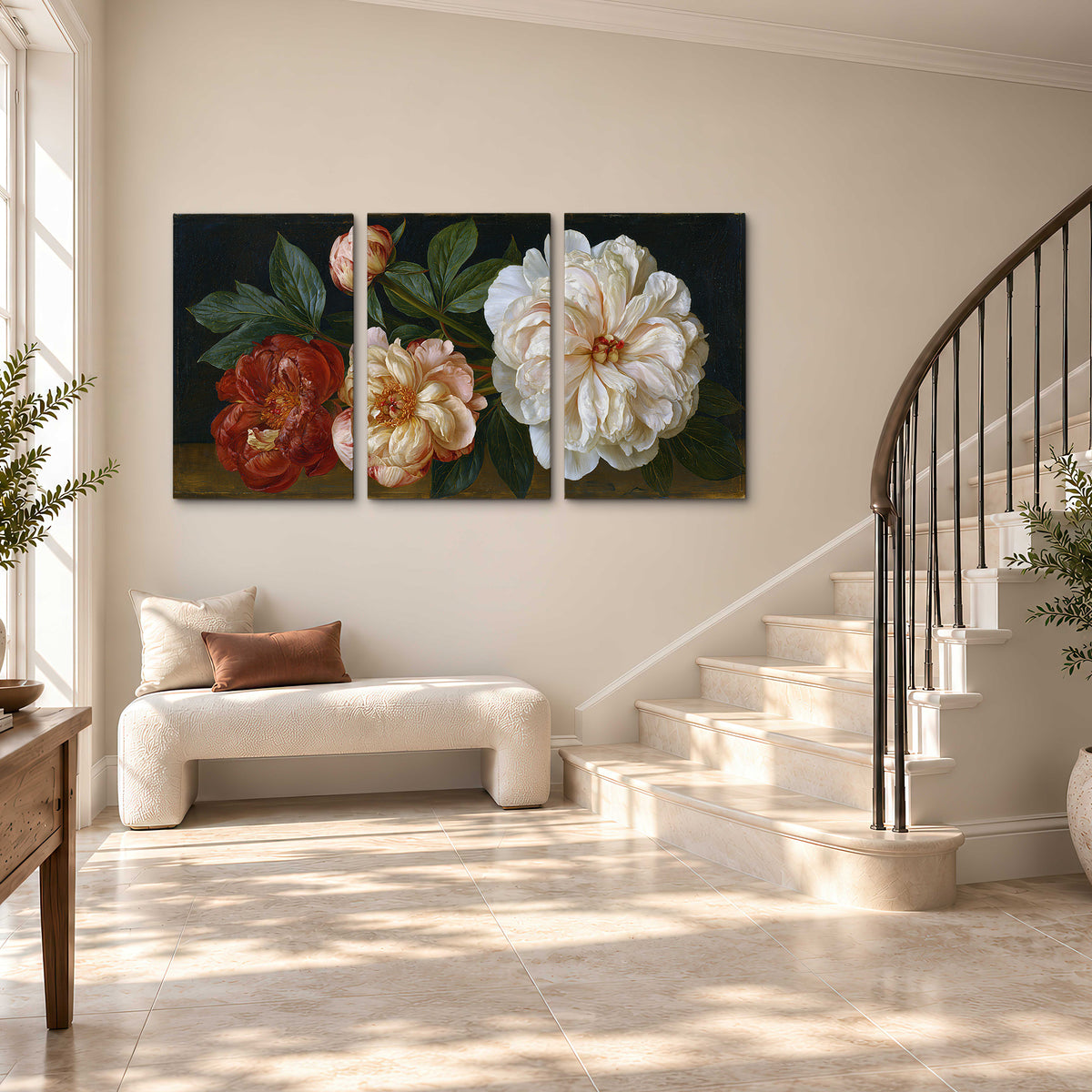 A large pale peony beside small ruby-red and peach flowers on a deep green ground 3 piece canvas wall art styled in an interior