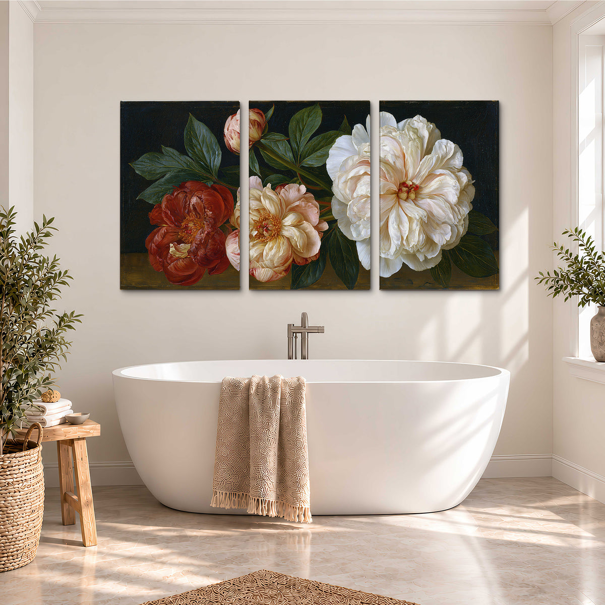 A large pale peony beside small ruby-red and peach flowers on a deep green ground 3 piece canvas wall art styled in an interior